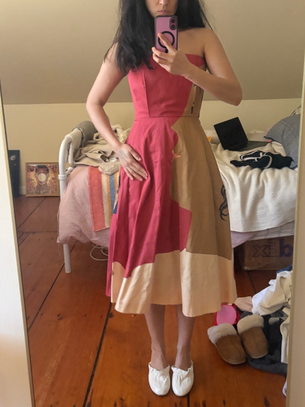 Acne Straped Colorblock Midi Dress in Pink and Tan